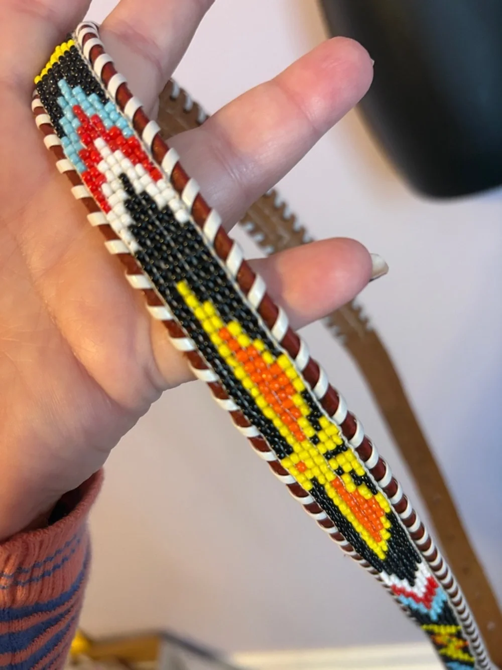 Leather Genuine Cowhide Brown Western Southwestern Beaded Native American Belt